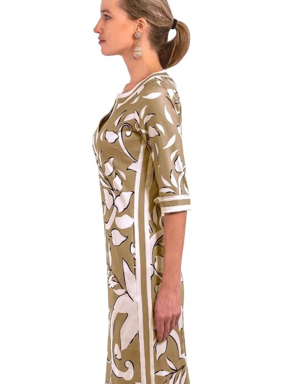 Gretchen Scott Jersey Split Neck Dress Khaki Full Bloom, Size M - Picture 3 of 7